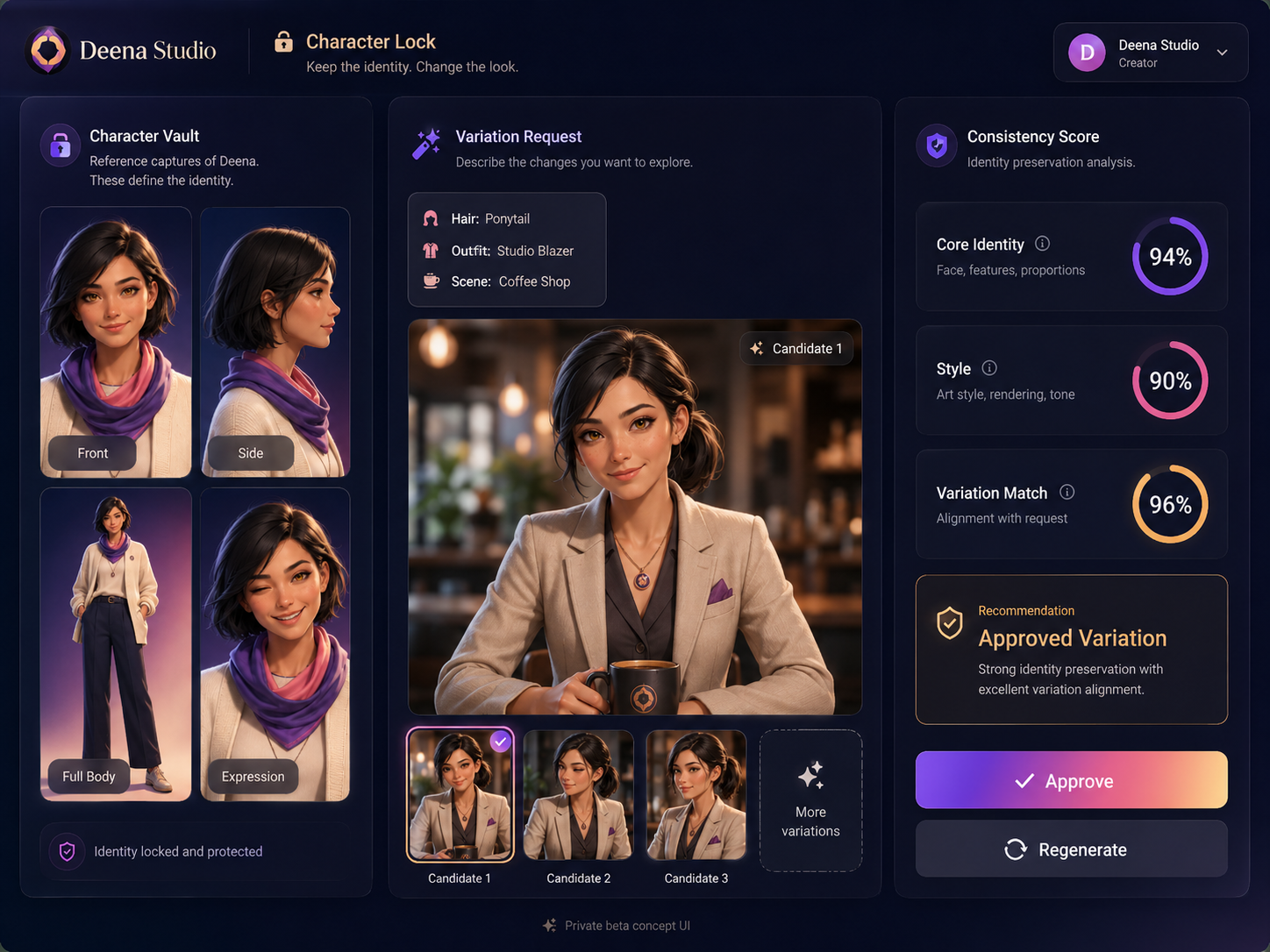 Character Lock concept UI showing consistency scoring